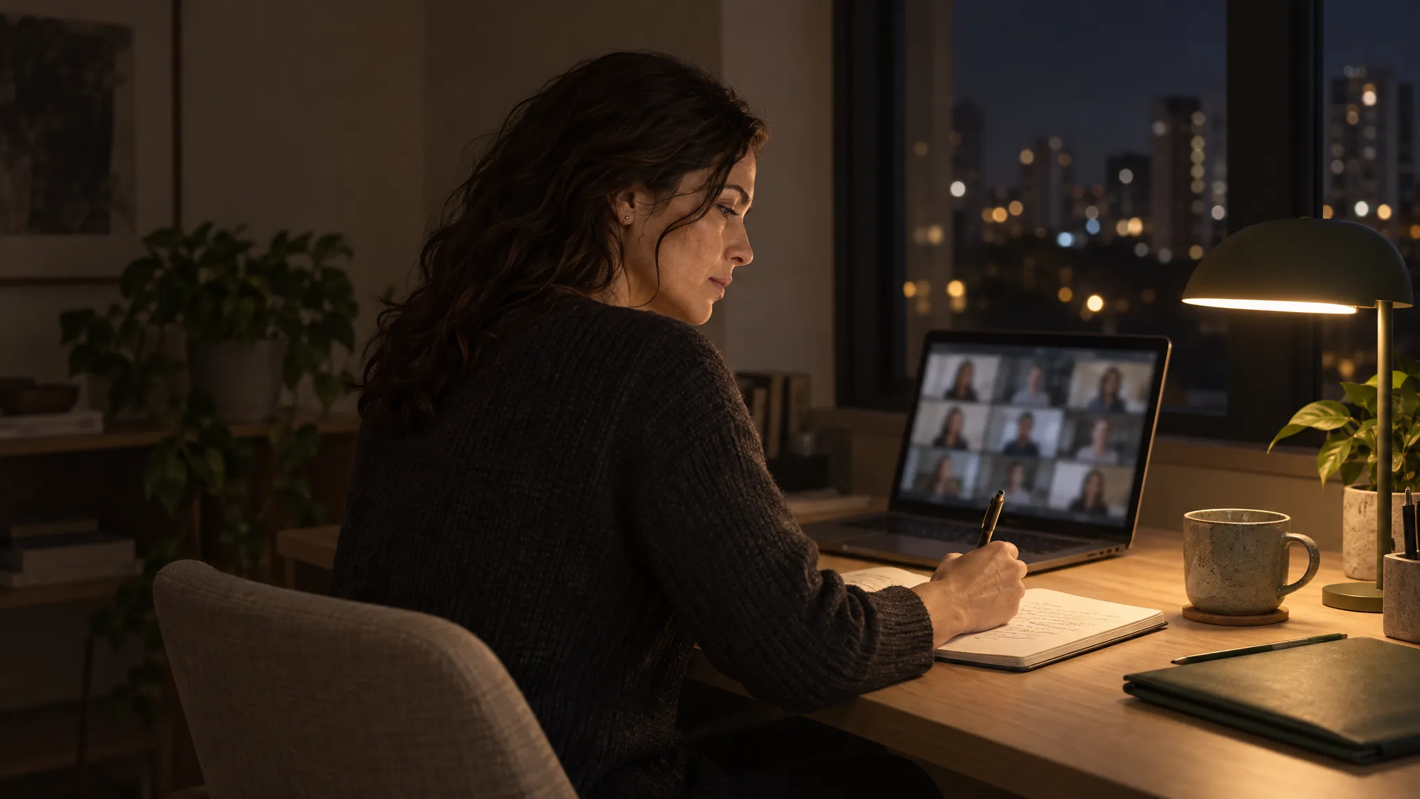 À noite, em casa, uma participante acompanha um encontro ao vivo no notebook e faz anotações sob a luz de uma luminária.